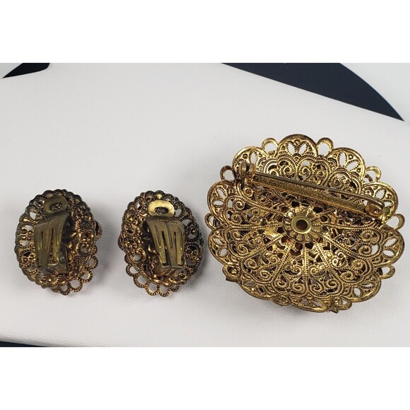 Vtg West Germany Aurora Borealis Amber Topaz Rhinestone Faux Pearl Brooch Set - Picture 10 of 16